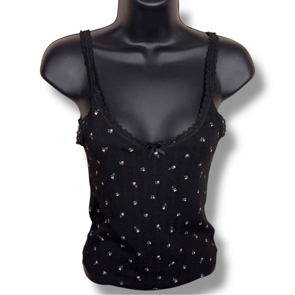 Small Divided H&M Black Floral Crop Top Tank Pink Green Ribbed Lace Trim Stretch - Picture 1 of 13